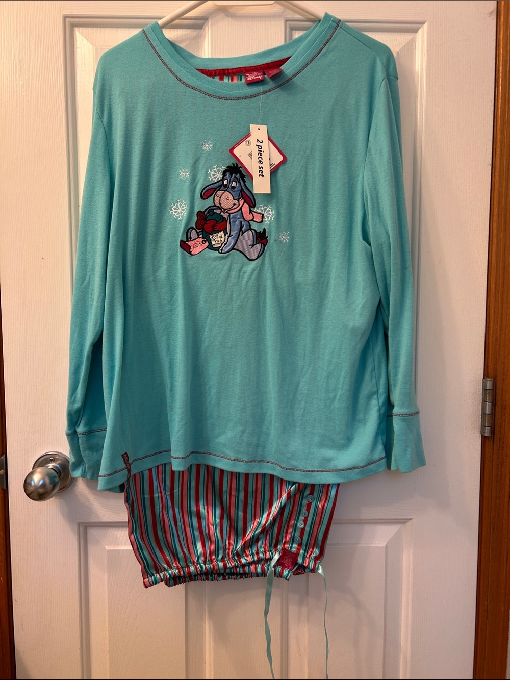 Disney Teal Eeyore womans Pajama Set with Pink & Red Stripes